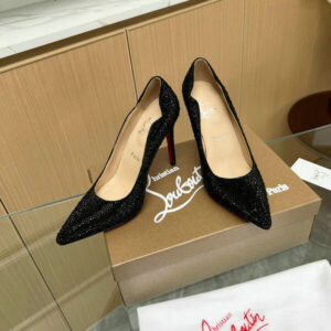 Luxury black suede pumps with silver studs and wavy edges, red sole-inspired shoes