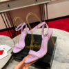 Christian Louboutin Ginko Girl Sandals- 85mm in purple leather with a golden Ginko leaf stiletto heel and red soles.