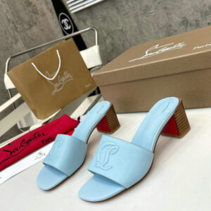 Christian Louboutin So CL 55 Heeled Mules in mineral blue nappa leather, featuring a square open toe