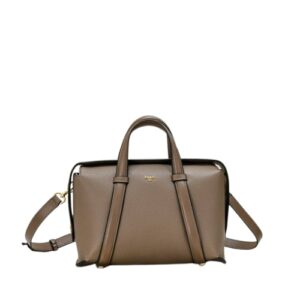 replica Fendi Brown leather Boston bag featuring adjustable strap and FF motif handles