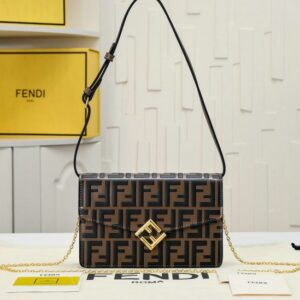 Fendi FF Diamonds Wallet On Chain in Brown Leather with Gold Accents and Adjustable Straps