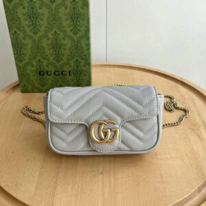 Gucci GG Marmont Super Mini Bag in light grey chevron leather with gold Double G hardware.