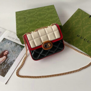 Gucci Mini Deco Shoulder Bag in Mystic White, Red, and Black quilted leather with gold chain strap.