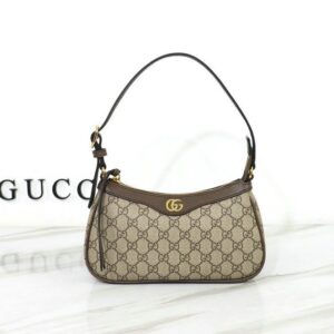 Gucci Ophidia Small Shoulder Bag in Beige and Dark Brown GG Supreme Canvas with Double G hardware.