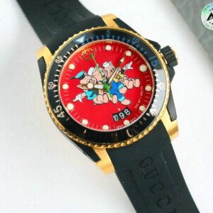 Gucci YA136325 Three Little Pigs Dive Watch with red dial and rubber strap.