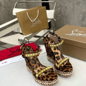 Louboutin Pyraclou Knockoff Leopard Print Wedge Sandals with Spikes