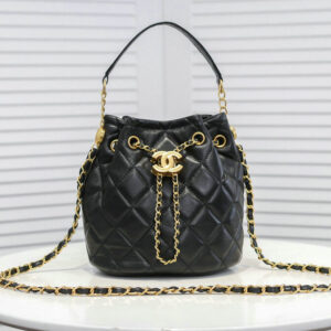 Knockoff Chanel Small Bucket Bag Black Sheepskin with Gold Metal CC Logo