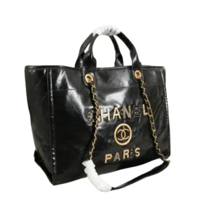 Replica Chanel Deauville Tote in black vintage leather with gold accents