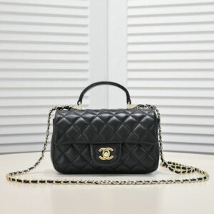 Alt Text: Chanel Mini Classic Replica Black Lambskin Flap Bag with Light Gold Hardware