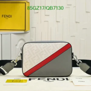 Fendi Diagonal camera Bag knockoff in White and Grey Leather with FF Motif